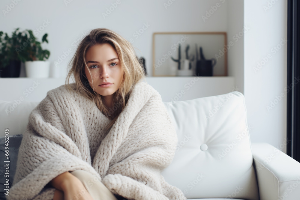 Young woman wrapped in a white blanket trying to warm up in the cold apartment Young woman wrapped in a white blanket trying to warm up in the cold apartment