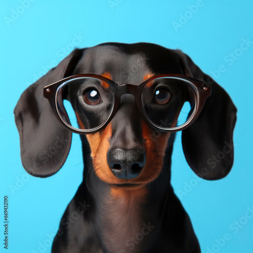 Serious Dachshund dog in glasses looking at camera. ai generative © Igor