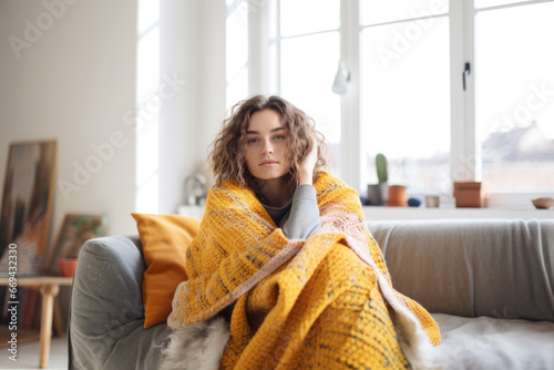 Young woman wrapped in a yellow blanket trying to warm up in the cold apartment