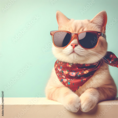 Summer cute cat wearing sunglasses and neckerchief. ai generative © Igor