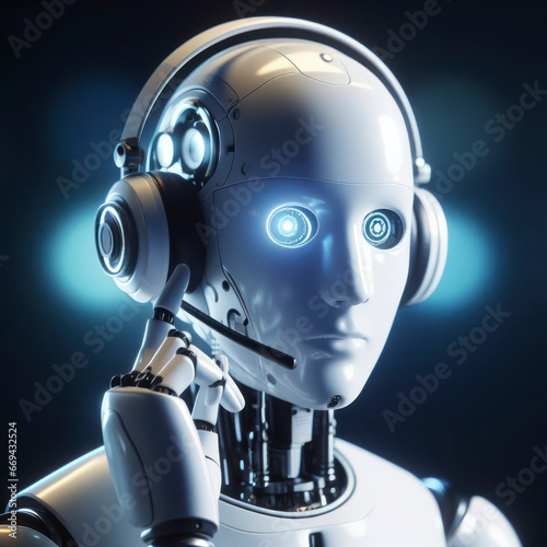 white humanoid cyborg robot in headphones and micro call center. ai generative