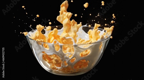 Cornflakes falling into a glass bowl with milk splashes. Healthy Food concept with a copy space.
