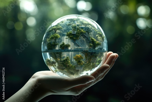 a glass sphere surrounded by a holographic representation of the Earth, emphasizing global green energy solutions