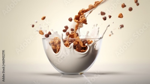 Chocolate flakes falling into a glass bowl with milk on white background. Healthy Food concept with a copy space.