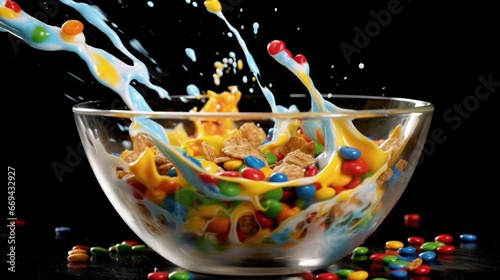 Colorful cornflakes falling into a glass bowl with milk splash. Healthy Food concept with a copy space.