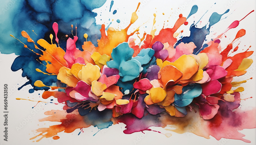 Dynamic watercolor blot and splash artwork in bold, lively colors. Captures the essence of excitement and energy.