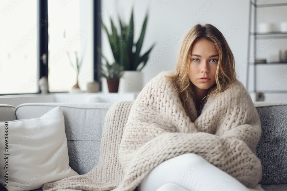 Young woman wrapped in a white blanket trying to warm up in the cold apartment Young woman wrapped in a white blanket trying to warm up in the cold apartment