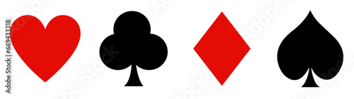 Four Poker playing cards suits symbols - Spades Hearts Diamonds and Clubs icons isolated on white background