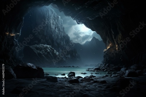 Breathtaking view from deep cave. Generative AI