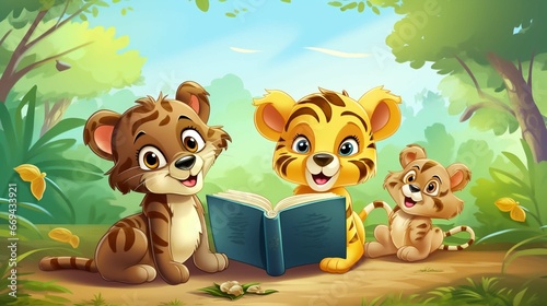 Animals education, reading a big book in the forest landscape. Animals school in nature, studying a book friends. style vector cartoon for children 