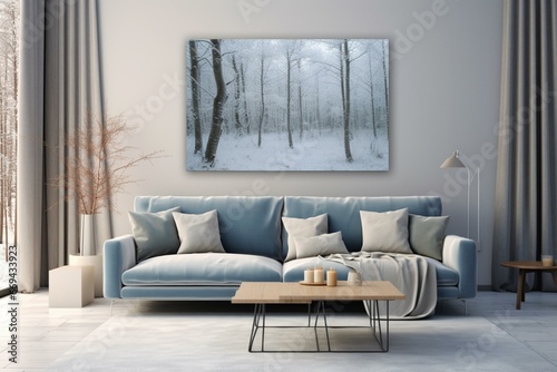 wintery painting on living room wall. Generative AI