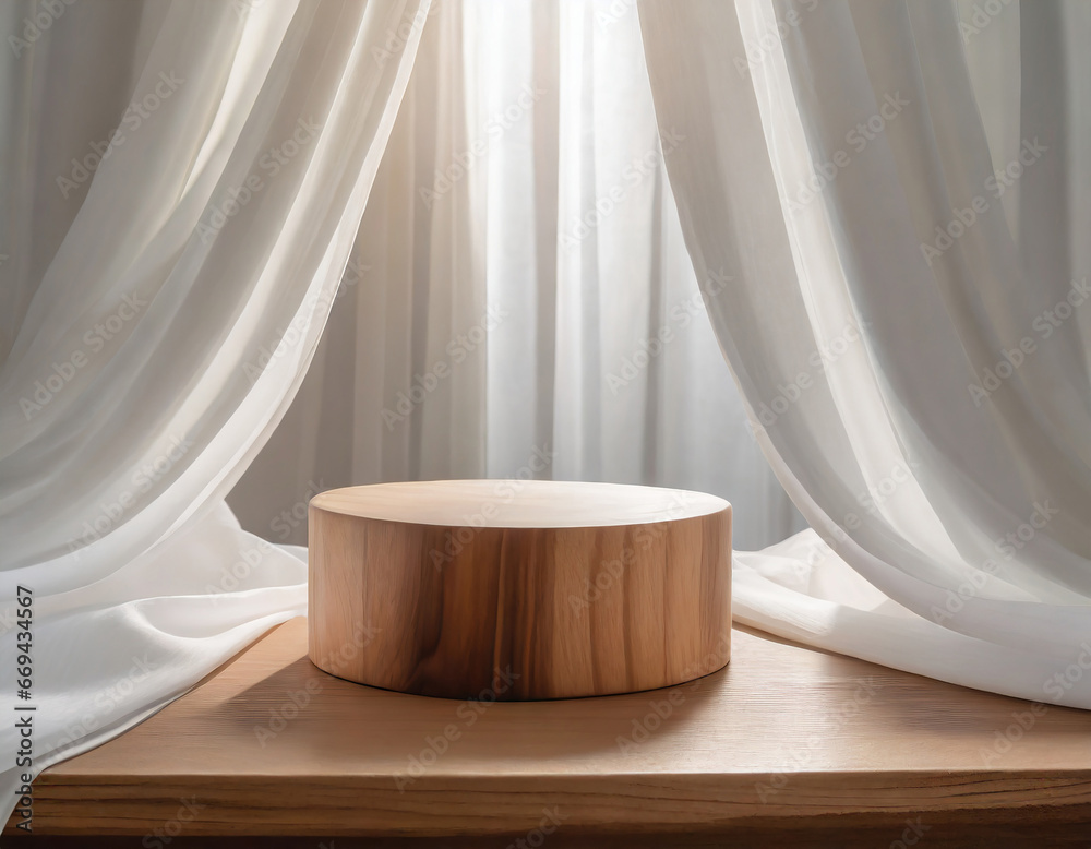 Empty modern round wooden podium side table in soft white blowing drapery curtain drapes in sunlight for luxury cosmetic, skincare, beauty treatment, fashion product display background Empty modern round wooden podium side table in soft white blowing drapery curtain drapes in sunlight for luxury cosmetic, skincare, beauty treatment, fashion product display background