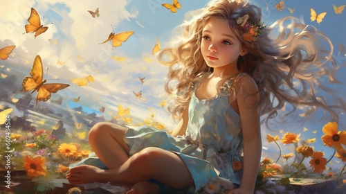 Little girl sitting in a garden in the sky with flowers and butterflies 