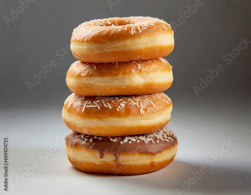 A photo of a delicious stack of donuts on a plain background
