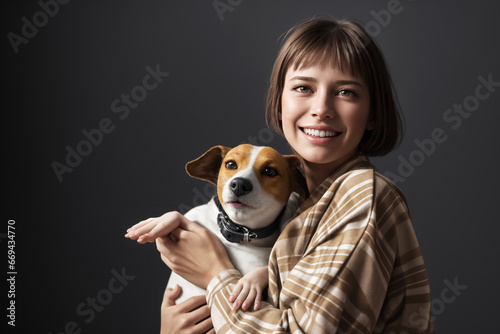 Beautiful  woman portrait  in in a plaid shirt and jeans with a Jack Russell dog in his arms