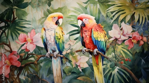 Tropical rainforest with parrots in two colors white and gold watercolor illustration  © Areesha