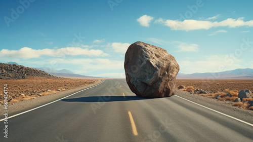 Road is blocked by a land slide of rock and debris to where it is a hazard for drivers in cars. Problems in business and life, concept