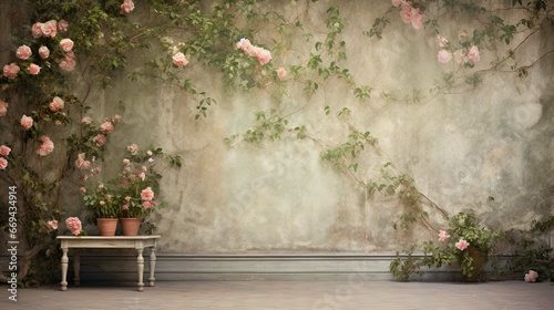 Wallpaper for an old vintage exterior wall with climbing plants, roses and flowers - used as a wall painting #669434914