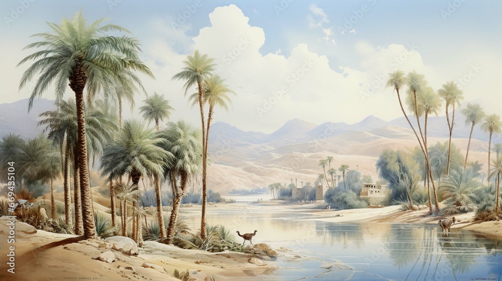 Watercolor painting, a landscape of the Arabian Peninsula in the past, for houses, palm trees and camels - used as a wall painting 