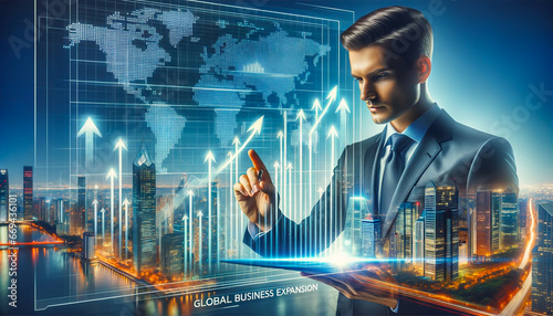 Global Business Expansion：上昇する経済チャートと高層ビルを背景にしたビジネスマン photo