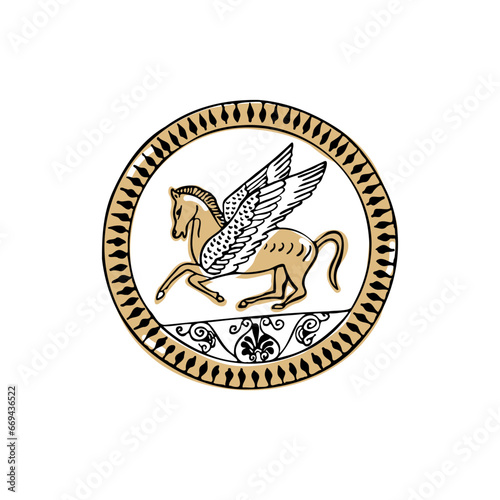 Yellow ancient Greek coin of Pegasus