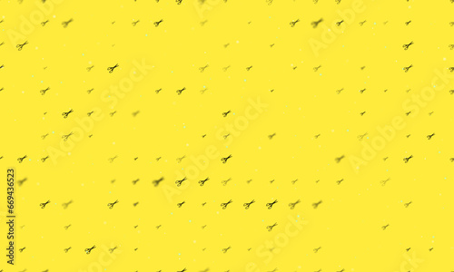 Seamless background pattern of evenly spaced black scissors symbols of different sizes and opacity. Vector illustration on yellow background with stars
