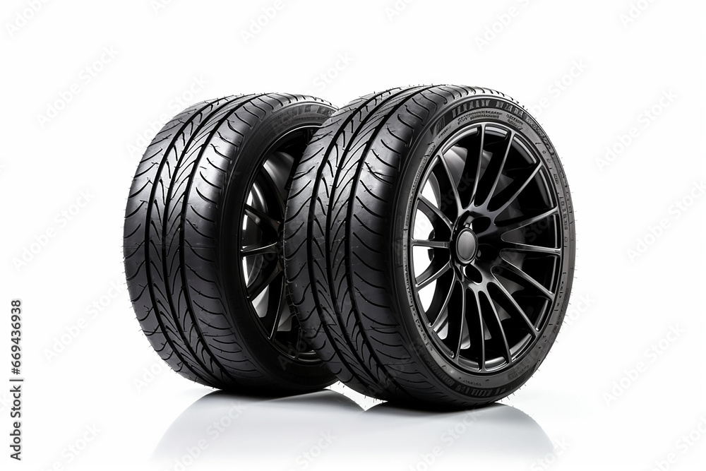 Car tires isolated on white background. 3d illustration. Side view. Car tires isolated on white background. 3d illustration. Side view.
