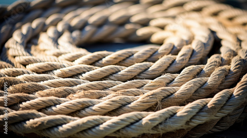 Nautical background. Closeup of an old frayed boat rope. Tonned image.