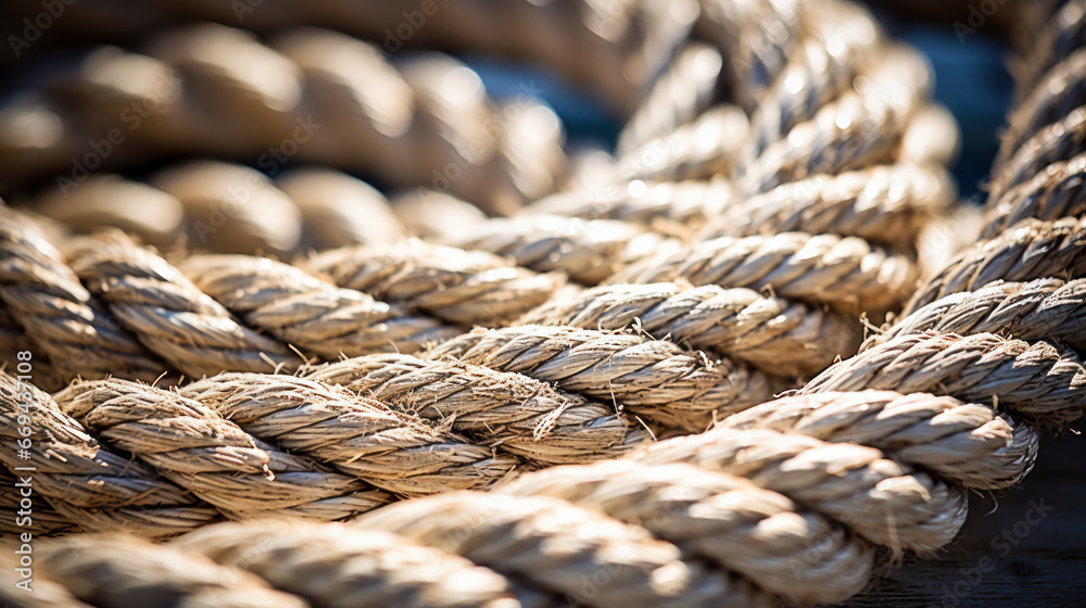 Fototapeta premium Nautical background. Closeup of an old frayed boat rope. Tonned image.