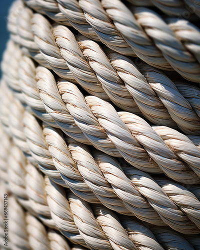 Nautical background. Closeup of an old frayed boat rope. Tonned image.