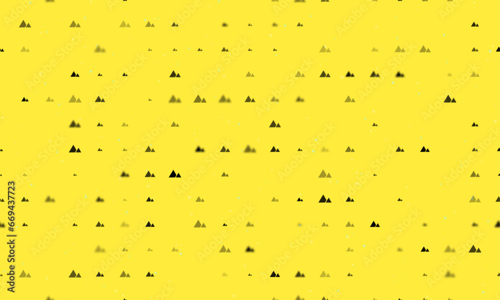 Seamless background pattern of evenly spaced black mountains symbols of different sizes and opacity. Vector illustration on yellow background with stars