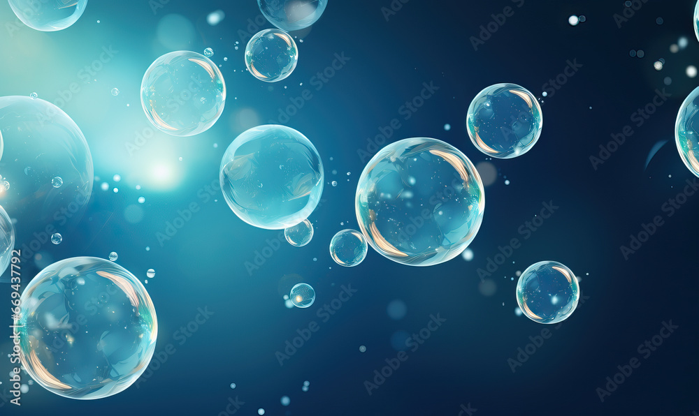 Blue background with small and large soap bubbles.