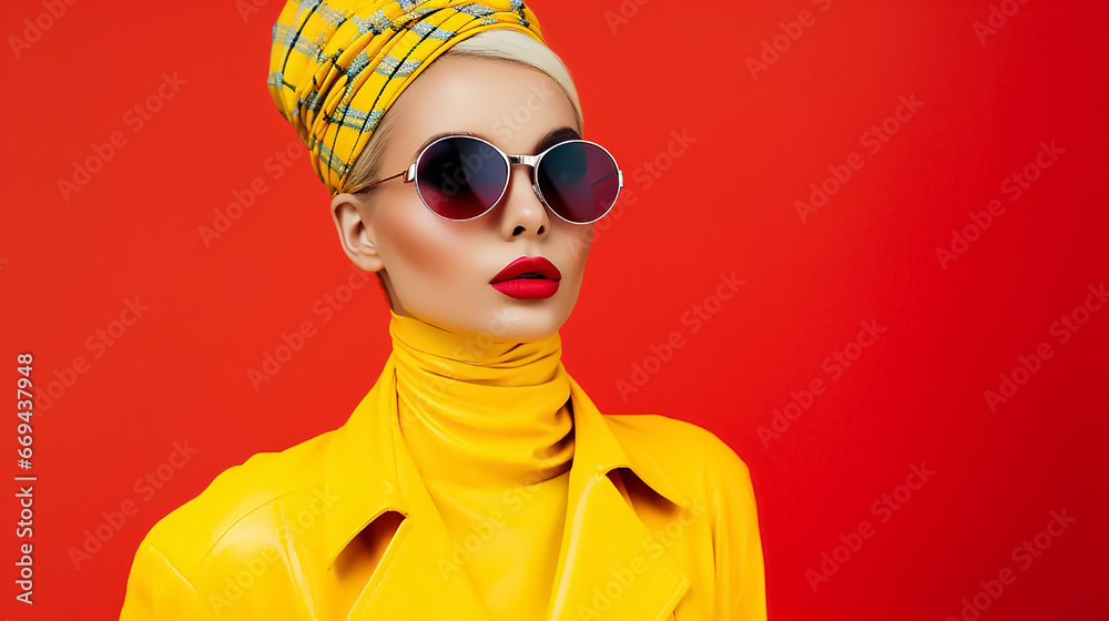 A young slender beautiful woman of model appearance in dark glasses and yellow clothes poses with pleasure in front of the camera. Red background. Close-up. Copy space. A young slender beautiful woman of model appearance in dark glasses and yellow clothes poses with pleasure in front of the camera. Red background. Close-up. Copy space.