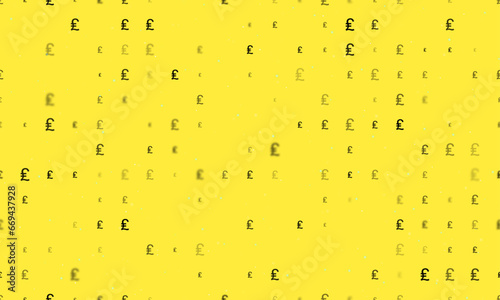 Seamless background pattern of evenly spaced black lira symbols of different sizes and opacity. Vector illustration on yellow background with stars