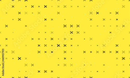 Seamless background pattern of evenly spaced black scissors symbols of different sizes and opacity. Vector illustration on yellow background with stars