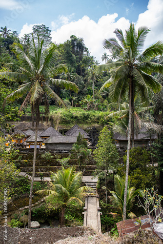 Gunung Kawi Royal Tombs. A beautiful complex with carved stone temples and tombs of the king and his relatives. Hindu belief in the tropical landscape in Bali