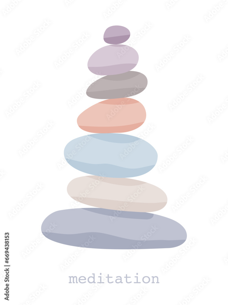 Meditation stone balance pyramid vector illustration. Stacked pebbles pastel colors object isolated in white background. Meditation concept Meditation stone balance pyramid vector illustration. Stacked pebbles pastel colors object isolated in white background. Meditation concept