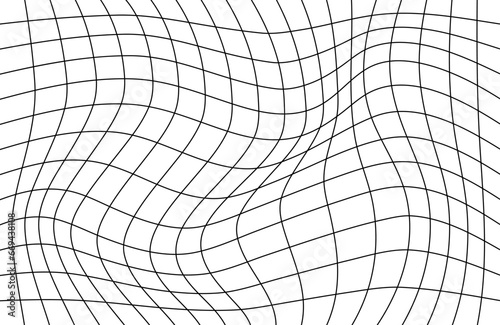 Wave grid abstract background vector illustration. 3d wavy square mesh texture with optical perspective. Black and white. distorted futuristic geometric lines. Curved elements. Digital technology
