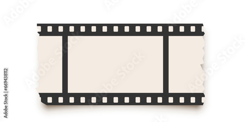Cinema film frame vector illustration. Torn scrap photo negative template with space for text. Retro vintage cinematography. Black and white silent film