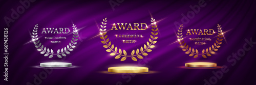 Award podium for gold, silver, bronze winners with laurel, number and text. Stage with first, second and third places on red curtain background. Championship in sport or movie vector illustration