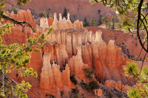 Fairytale landscape of glowing rock towers in the American Bryce Canyon.