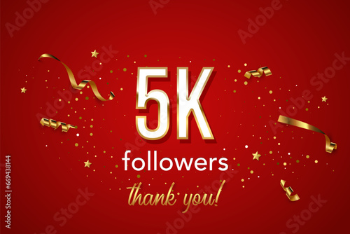 5k followers celebration vector banner. 3d social media achievement horizontal poster. Five thousands followers thank you lettering. Golden sparkling confetti ribbons. Shiny gratitude text