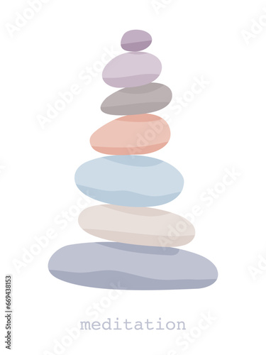 Meditation stone balance pyramid vector illustration. Stacked pebbles pastel colors object isolated in white background. Meditation concept