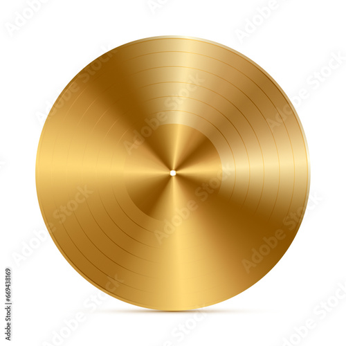 Realistic gold vinyl disc vector illustration isolated on white background. Music record album. Highest award for musicians. Songs and singers reward. Old technology, retro design, top charts concept