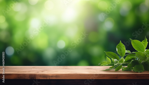 Green leaves on wooden table with blur background