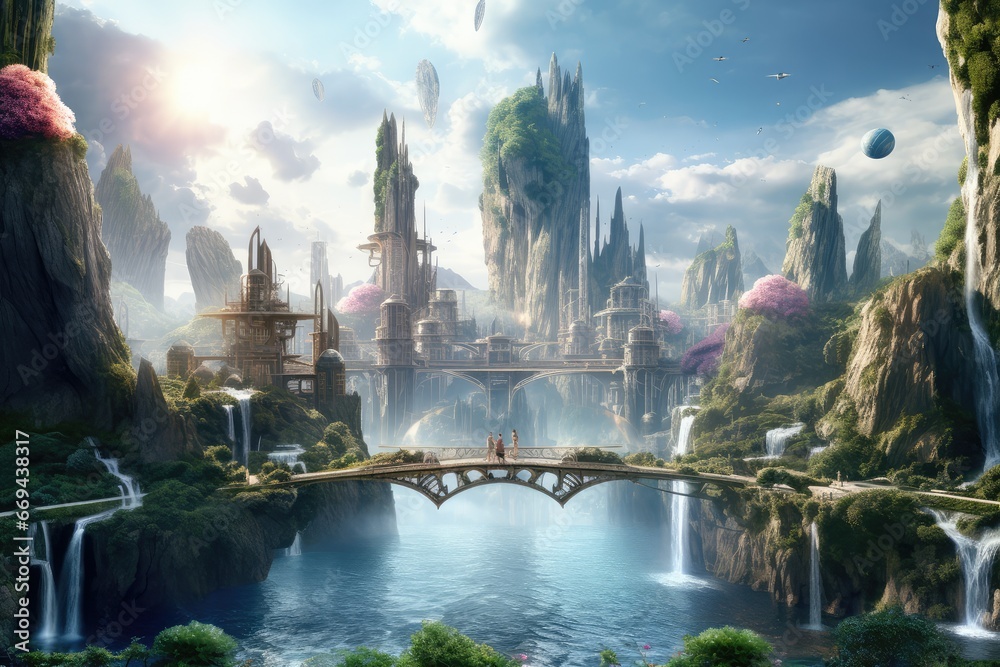 Fototapeta premium Fantasy City in Sky, Future Cityscape, Landscape, Drawing Imitation, Abstract Generative AI Illustration