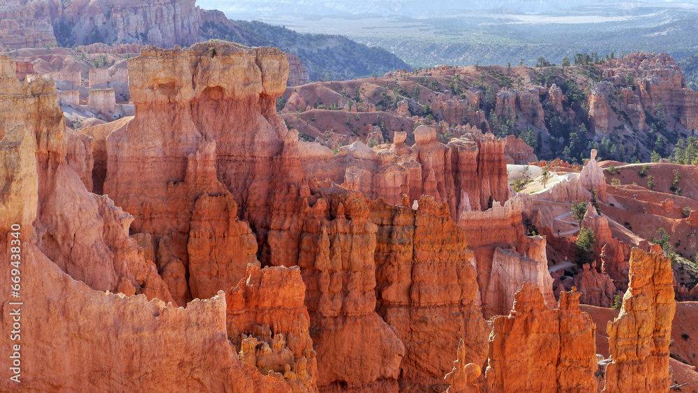 Fairytale landscape of glowing rock towers in the American Bryce Canyon.