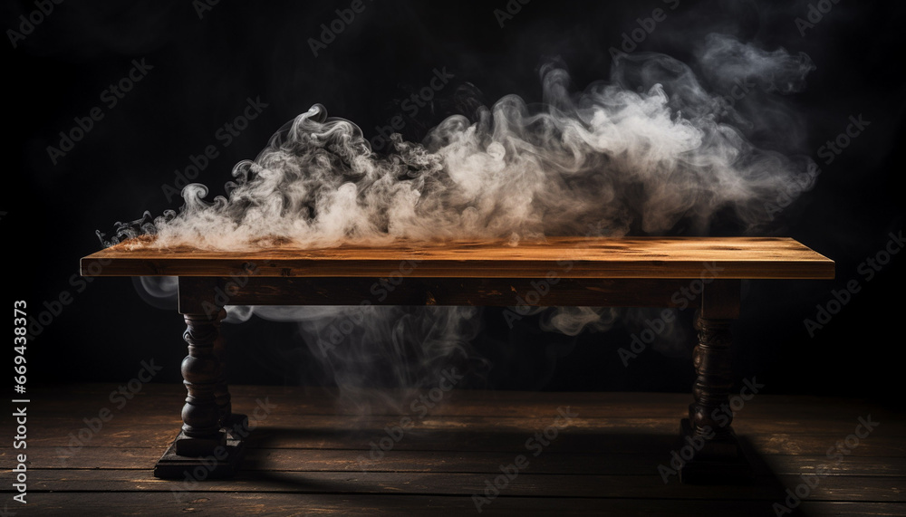 A photo of wooden table with black background have smoke effect
