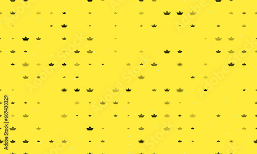 Seamless background pattern of evenly spaced black paper boat symbols of different sizes and opacity. Vector illustration on yellow background with stars