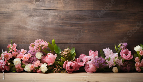 Spring flowers on wooden table for product display background. Natural background